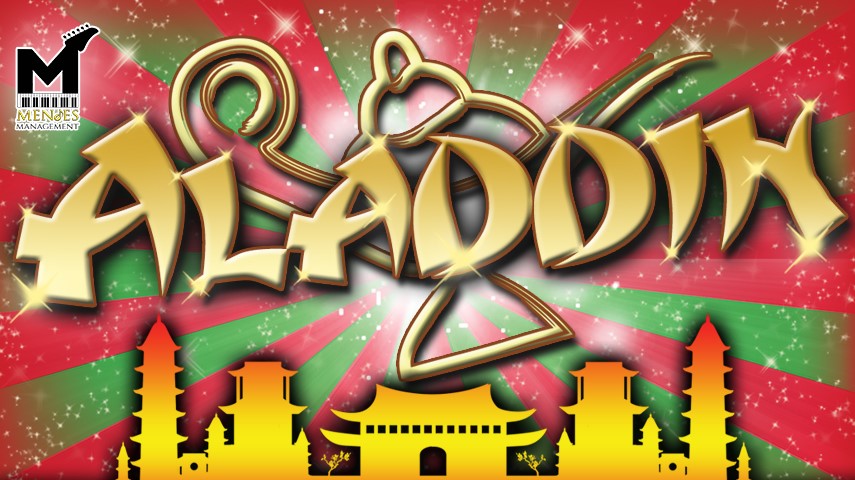 The title Aladdin is forefront with a lamp and silhouette of a town in the background. Also contains the Mendes Management logo.