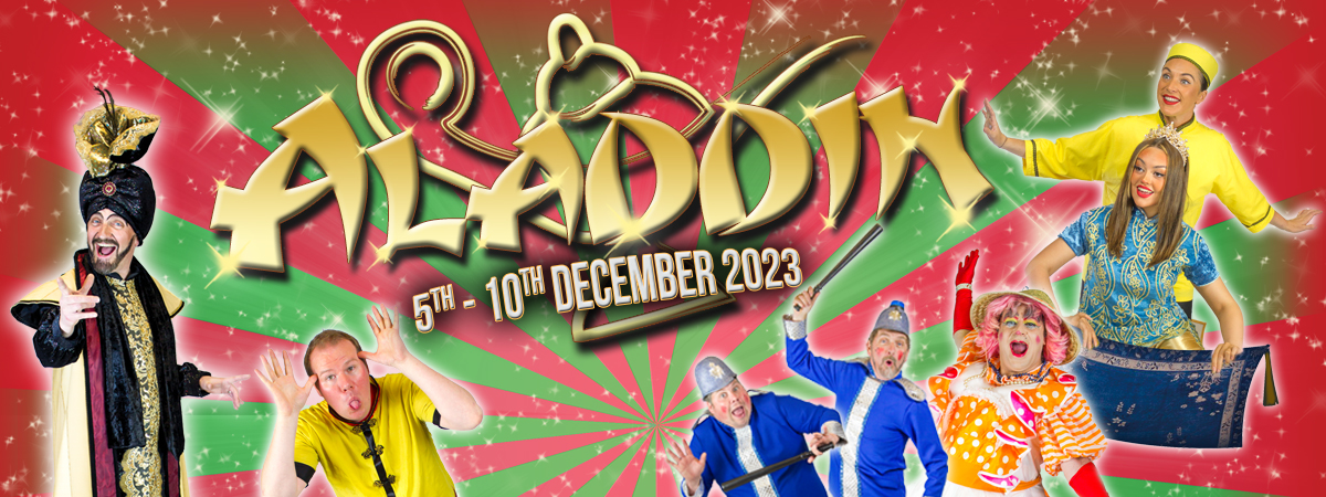 Aladdin. 5 - 10 December 2023. The cast of Aladdin are placed around the title with a magic lamp in the background.