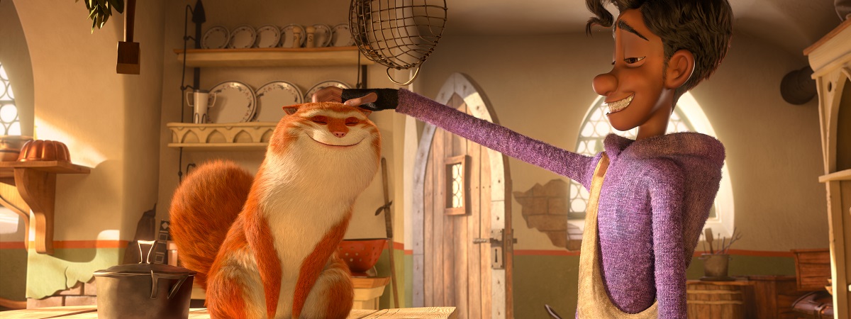A human pets a cat in The Amazing Maurice