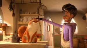 A human pets a cat in The Amazing Maurice