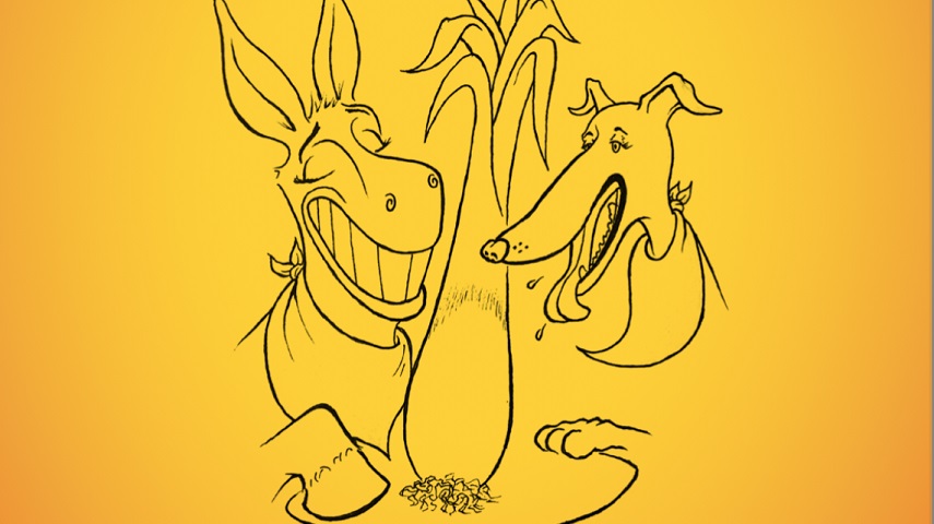 An illustration of a donkey, a giant leek and a whippet in the artwork for The Donkey, The Whippet and The Giant Leek.
