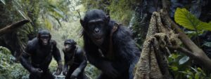 Noa (played by Owen Teague), Soona (played by Lydia Peckham), and Anaya (played by Travis Jeffery) in 20th Century Studios' Kingdom Of The Planet Of The Apes.