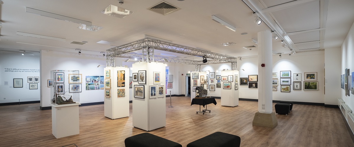 Wide shot of the Open Art Exhibition 2023 at the Gallery at Bishop Auckland Town Hall.