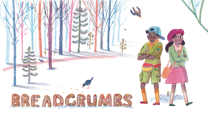 Breadcrumbs. An illustration of a boy and a girl in a snow-filled forest.