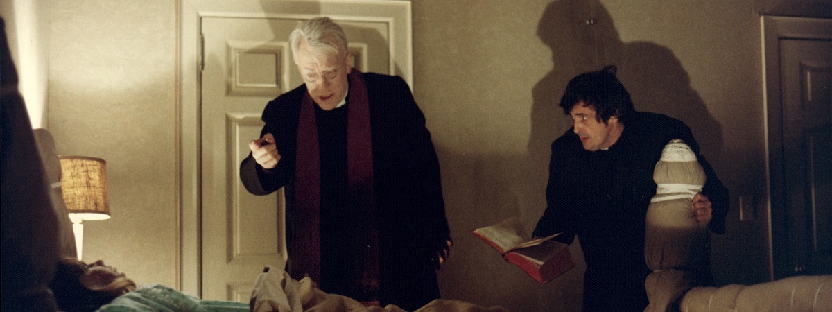 Max von Sydow, Jason Miller and Linda Blair in a scene from The Exorcist (1973)