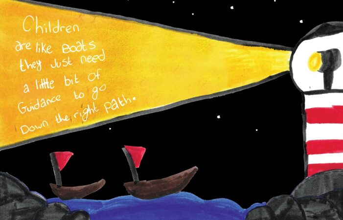 An art piece with a lighthouse and two boats with the following words written in light: Children are like boats. They just need a little bit of guidance to go down the right path.