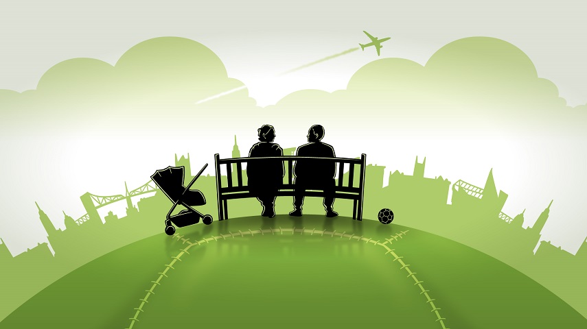 A silhouette of a bench with a women next to a pushchair and a man next to a football sits on top of a football-like hill in a promotional image for The Bench.