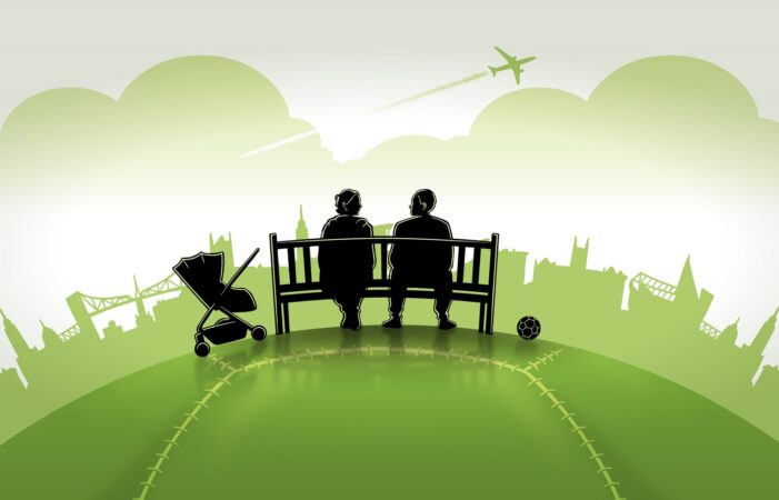 A silhouette of a bench with a women next to a pushchair and a man next to a football sits on top of a football-like hill in a promotional image for The Bench.