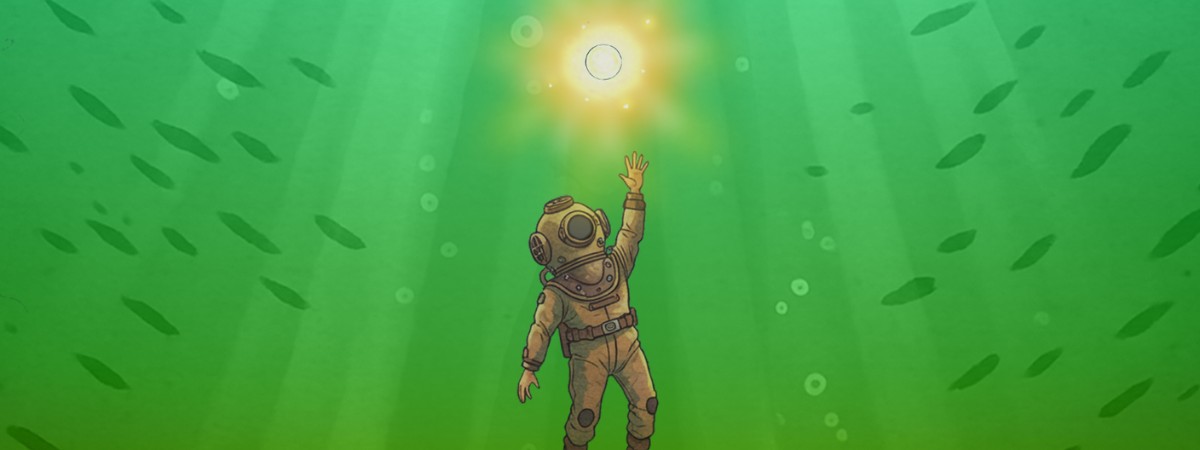 An illustration of a diver underwater as they reach for a glowing object.