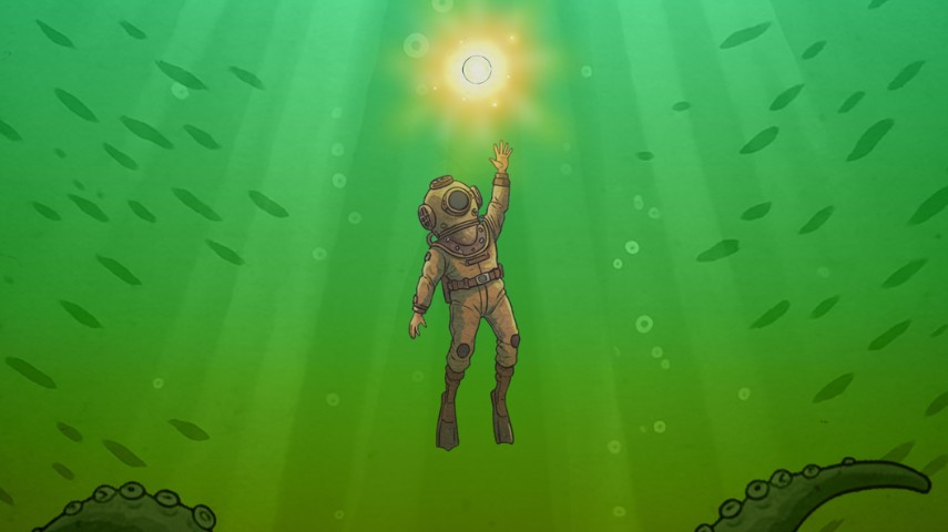 An illustration of a diver underwater as they reach for a glowing object.