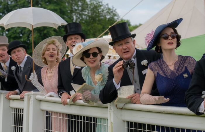 Laura Carmichael stars as Lady Edith, Harry Hadden-Paton as Bertie Hexham, Elizabeth McGovern as Cora Grantham, Hugh Bonneville stars as Robert Grantham and Michelle Dockery as Lady Mary in Downton Abbey: The Grand Finale.