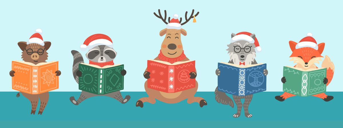 A series of illustrated animals read a book in an image for Bishop Auckland Town Hall Library's Christmas events.