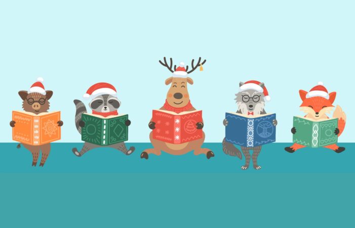 A series of illustrated animals read a book in an image for Bishop Auckland Town Hall Library's Christmas events.
