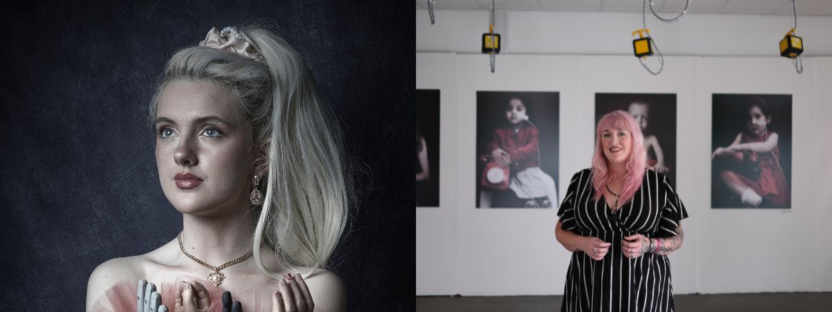 Image includes artwork from photographer Debbie Todd as well as an image of Debbie standing in front of portraits in a gallery.