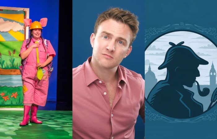 Images from Three Little Pigs, Hilarity Bites Comedy Club and Sherlock Holmes and The Sting of the Scorpion.