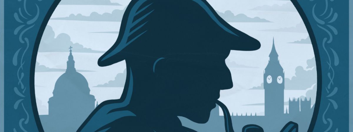 An illustration shows a silhouette of Sherlock Holmes with the London skyline in the background in a promotional image for Sherlock Holmes and The Sting of the Scorpion.