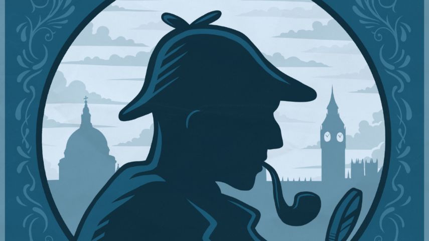An illustration shows a silhouette of Sherlock Holmes with the London skyline in the background in a promotional image for Sherlock Holmes and The Sting of the Scorpion.