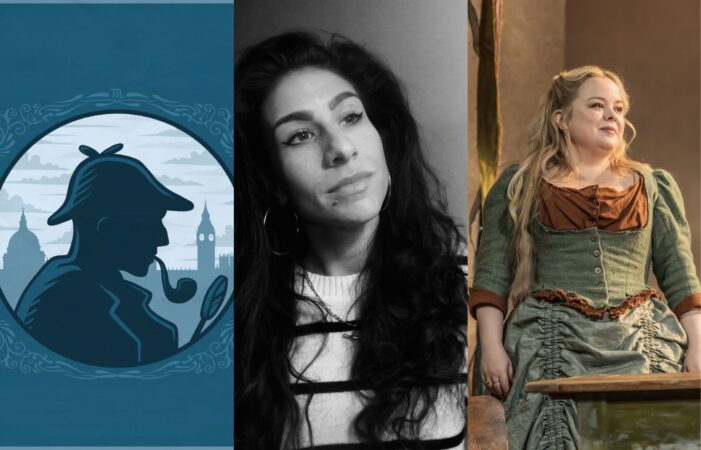 Images from Sherlock Holmes and The Sting of the Scorpion; Hilarity Bites Comedy Club and The Playboy of the Western World.
