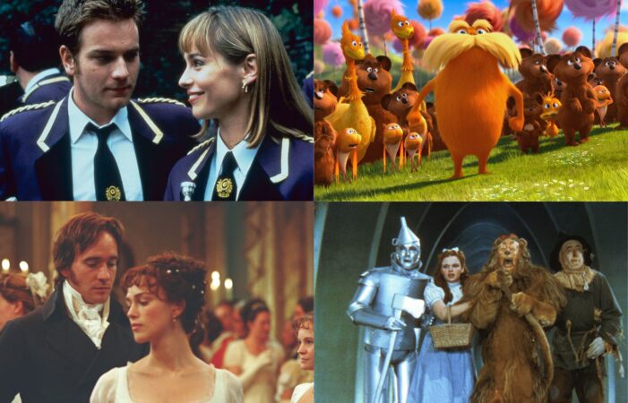 Production stills from Brassed Off, The Lorax, Pride & Prejudice and The Wizard of Oz.