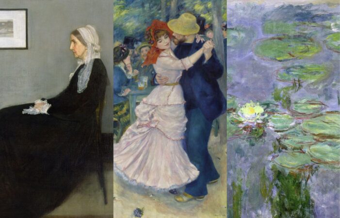 Paintings from James McNeill Whistler, Renoir & Love, and Monet in an image for Exhibition On Screen.
