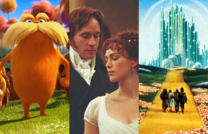 Production stills from The Lorax, Pride & Prejudice and The Wizard of Oz.
