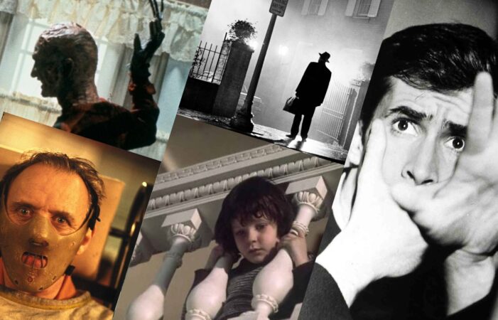 Stills from A Nightmare On Elm Street, The Silence of the Lambs, The Exorcist, The Omen and Psycho.