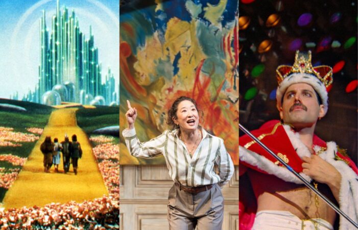Production stills from The Wizard of Oz, National Theatre Live's The Misanthrope and Queen Budapest.
