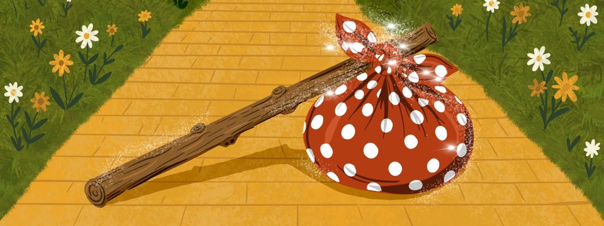 An illustration of a stick with a bundle tied to the end on a  yellow brick path in a promotional image for Dick Whittington.