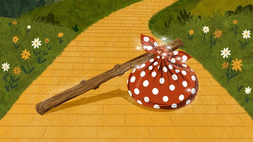 An illustration of a stick with a bundle tied to the end on a yellow brick path in a promotional image for Dick Whittington.