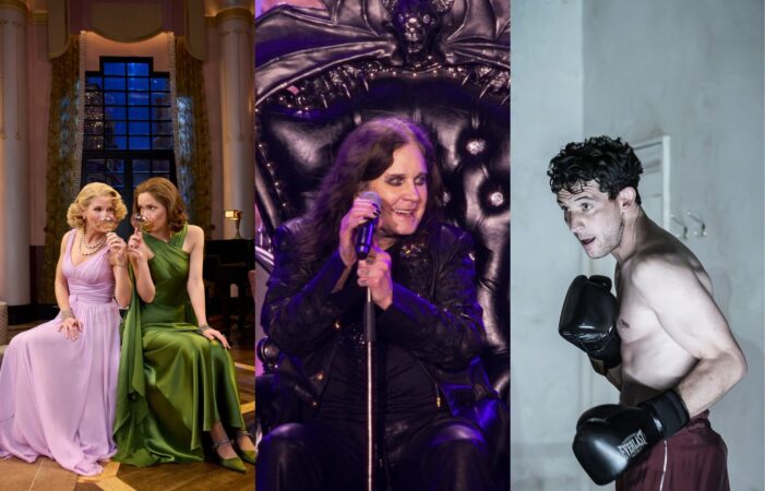 Production stills from Fallen Angels by Noël Coward, Ozzy & Black Sabbath: Back To The Beginning, and NT Live: Golden Boy.