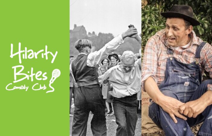 Images of the Hilarity Bites Comedy Club logo, a promotional photograph for new musical drama Coal Faces, and a promotional image for Of Mice and Men.